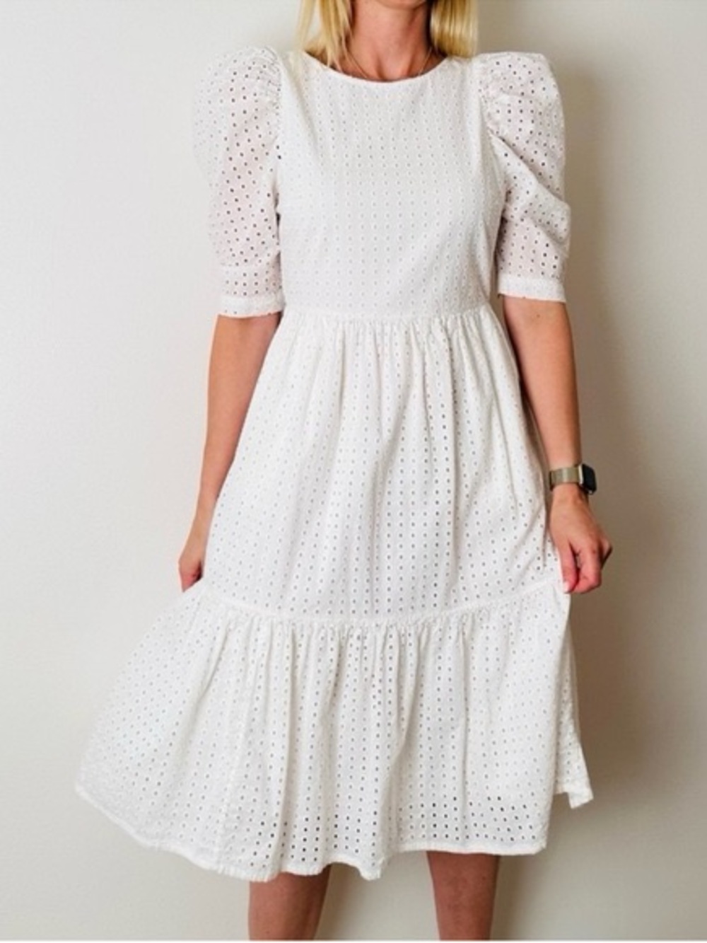 A New Day 100% Cotton Eyelet Cottagecore Midi Dress Puff Half Sleeves Off-White